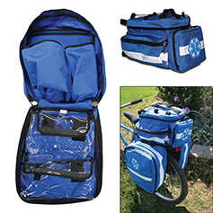 EMS bicycle pannier bags being prepared for a public event.