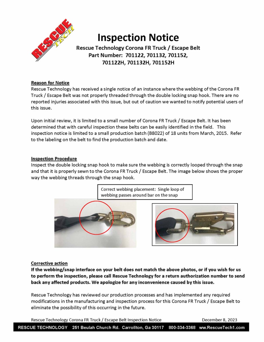 RT Corona FR Belt Inspection Notice